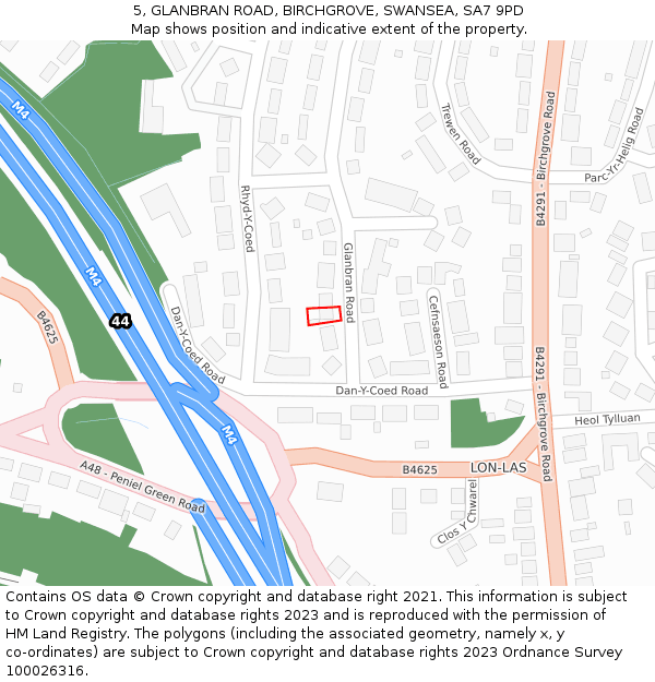5, GLANBRAN ROAD, BIRCHGROVE, SWANSEA, SA7 9PD: Location map and indicative extent of plot