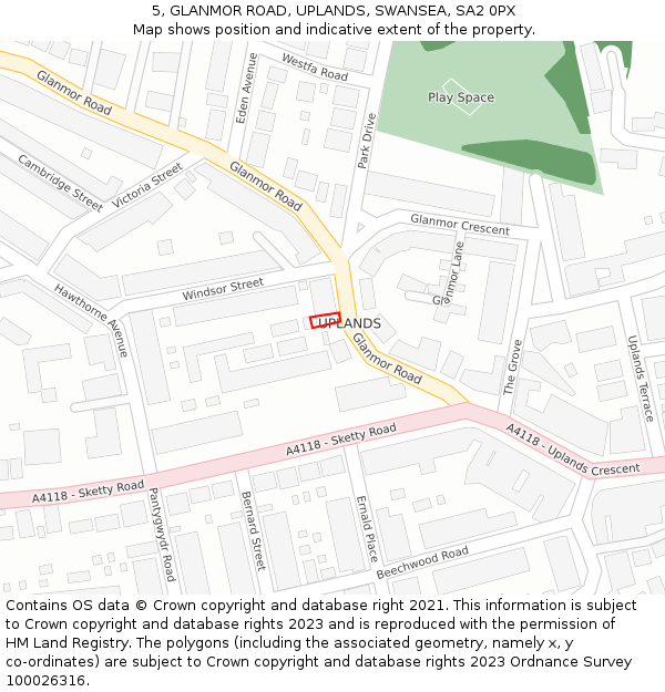 5, GLANMOR ROAD, UPLANDS, SWANSEA, SA2 0PX: Location map and indicative extent of plot