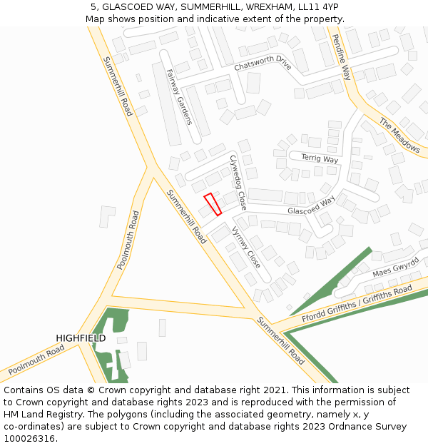 5, GLASCOED WAY, SUMMERHILL, WREXHAM, LL11 4YP: Location map and indicative extent of plot
