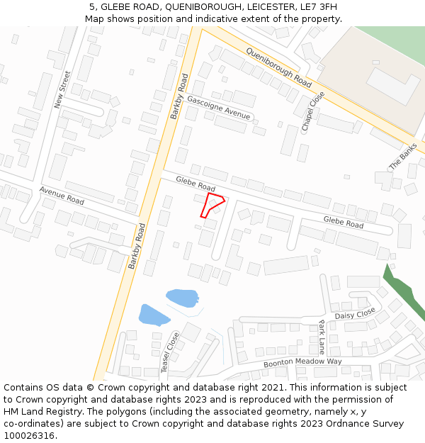 5, GLEBE ROAD, QUENIBOROUGH, LEICESTER, LE7 3FH: Location map and indicative extent of plot