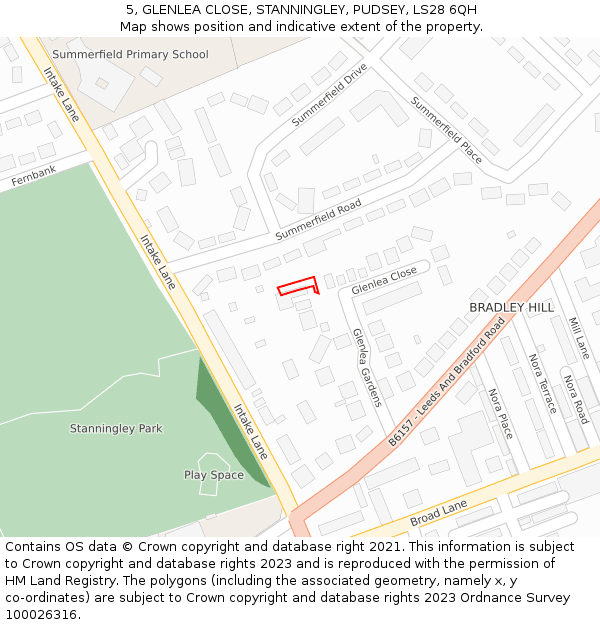 5, GLENLEA CLOSE, STANNINGLEY, PUDSEY, LS28 6QH: Location map and indicative extent of plot