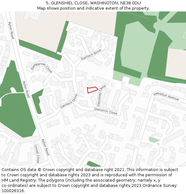 5, GLENSHIEL CLOSE, WASHINGTON, NE38 0DU: Location map and indicative extent of plot