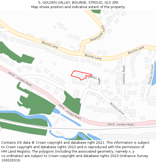 5, GOLDEN VALLEY, BOURNE, STROUD, GL5 2RX: Location map and indicative extent of plot