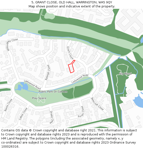 5, GRANT CLOSE, OLD HALL, WARRINGTON, WA5 9QY: Location map and indicative extent of plot