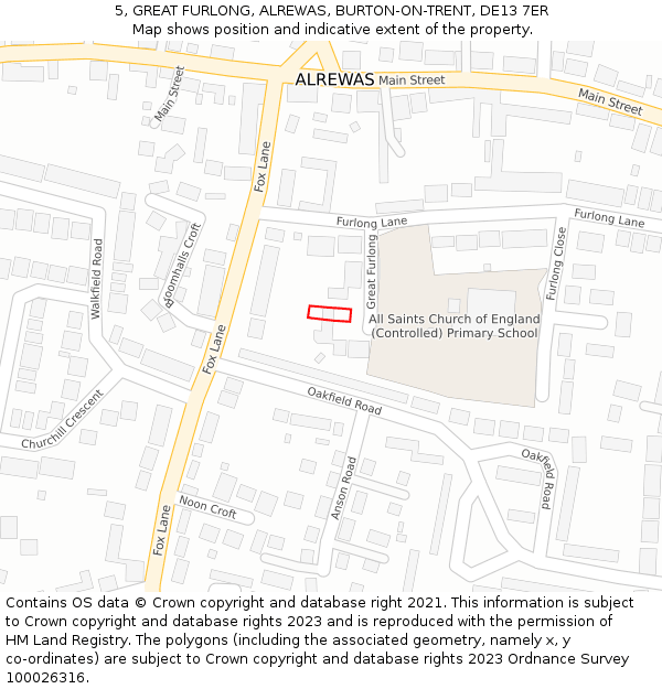 5, GREAT FURLONG, ALREWAS, BURTON-ON-TRENT, DE13 7ER: Location map and indicative extent of plot