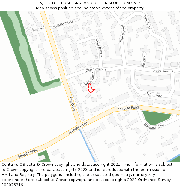 5, GREBE CLOSE, MAYLAND, CHELMSFORD, CM3 6TZ: Location map and indicative extent of plot