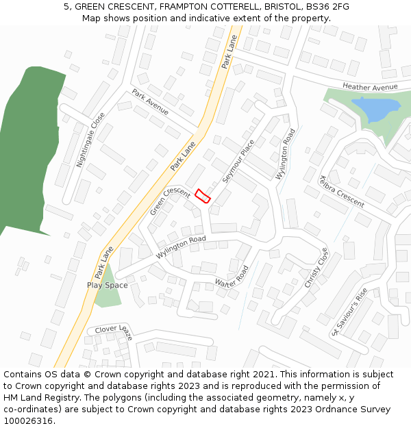 5, GREEN CRESCENT, FRAMPTON COTTERELL, BRISTOL, BS36 2FG: Location map and indicative extent of plot