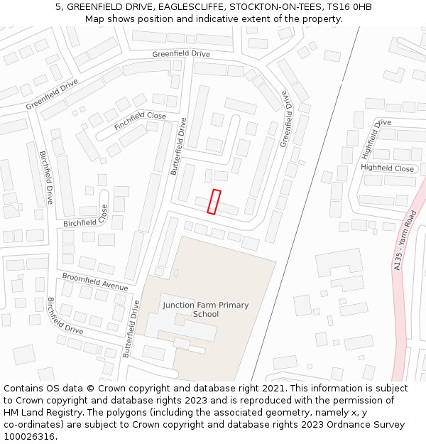 5, GREENFIELD DRIVE, EAGLESCLIFFE, STOCKTON-ON-TEES, TS16 0HB: Location map and indicative extent of plot