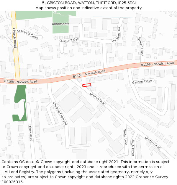 5, GRISTON ROAD, WATTON, THETFORD, IP25 6DN: Location map and indicative extent of plot