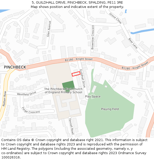 5, GUILDHALL DRIVE, PINCHBECK, SPALDING, PE11 3RE: Location map and indicative extent of plot