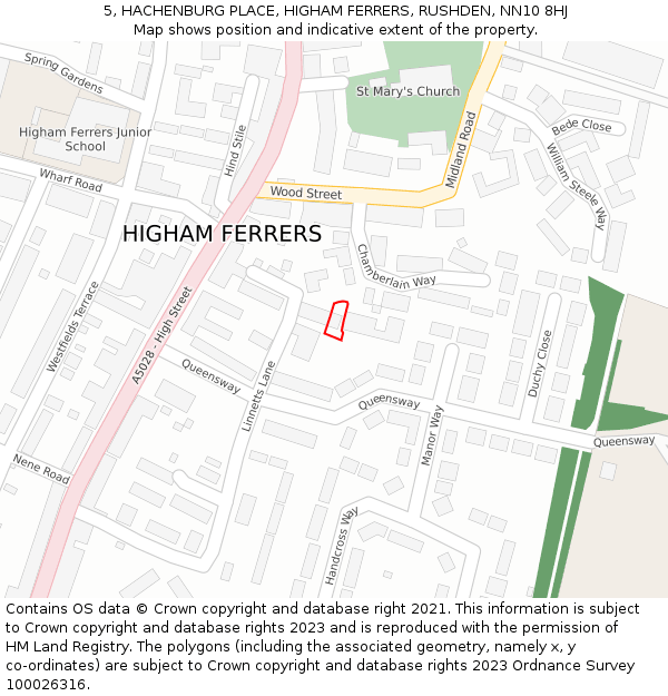 5, HACHENBURG PLACE, HIGHAM FERRERS, RUSHDEN, NN10 8HJ: Location map and indicative extent of plot