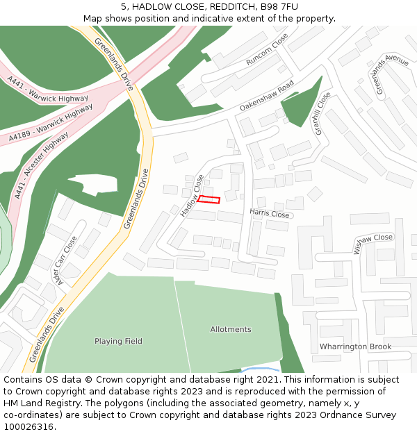 5, HADLOW CLOSE, REDDITCH, B98 7FU: Location map and indicative extent of plot