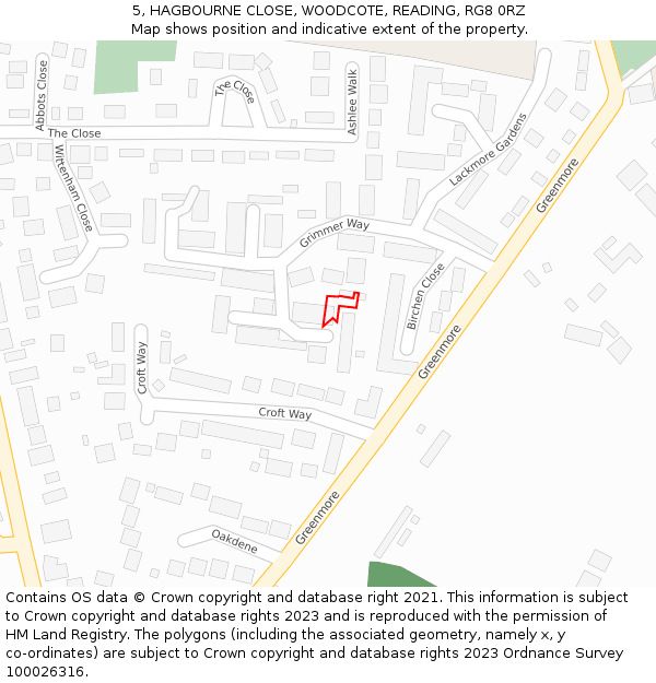 5, HAGBOURNE CLOSE, WOODCOTE, READING, RG8 0RZ: Location map and indicative extent of plot