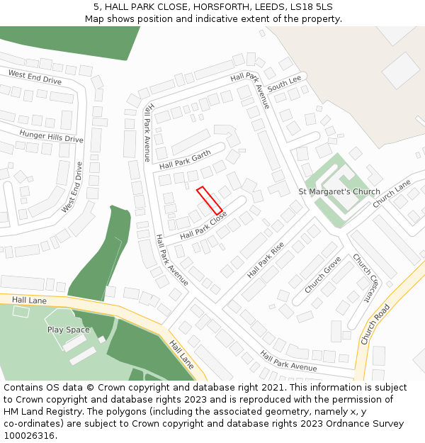 5, HALL PARK CLOSE, HORSFORTH, LEEDS, LS18 5LS: Location map and indicative extent of plot