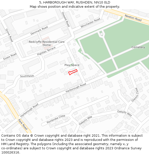 5, HARBOROUGH WAY, RUSHDEN, NN10 0LD: Location map and indicative extent of plot