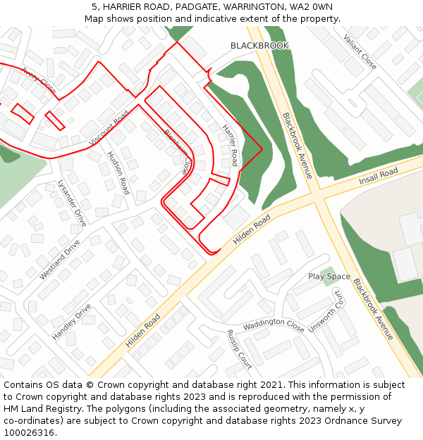 5, HARRIER ROAD, PADGATE, WARRINGTON, WA2 0WN: Location map and indicative extent of plot