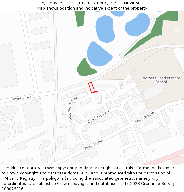 5, HARVEY CLOSE, HUTTON PARK, BLYTH, NE24 5BF: Location map and indicative extent of plot