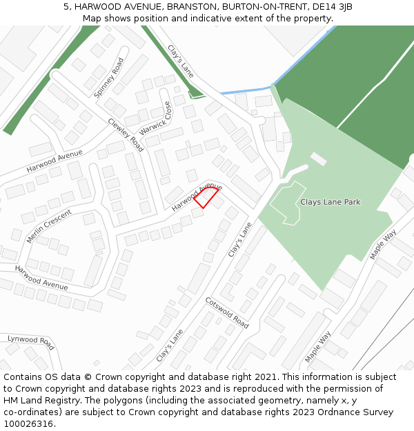 5, HARWOOD AVENUE, BRANSTON, BURTON-ON-TRENT, DE14 3JB: Location map and indicative extent of plot