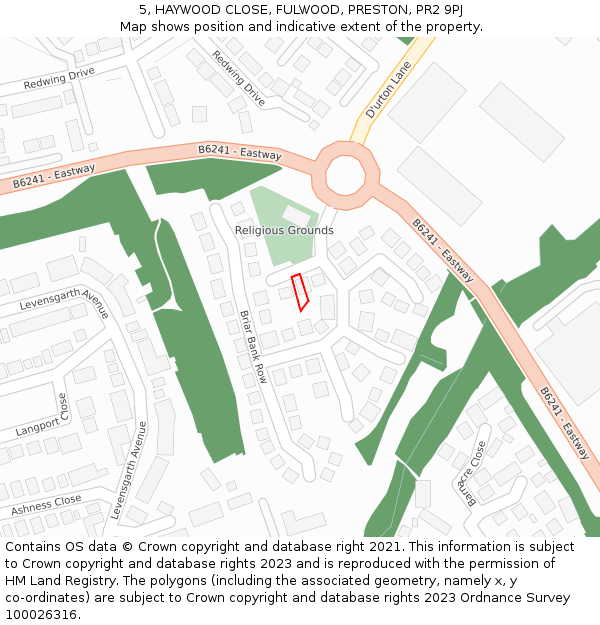 5, HAYWOOD CLOSE, FULWOOD, PRESTON, PR2 9PJ: Location map and indicative extent of plot