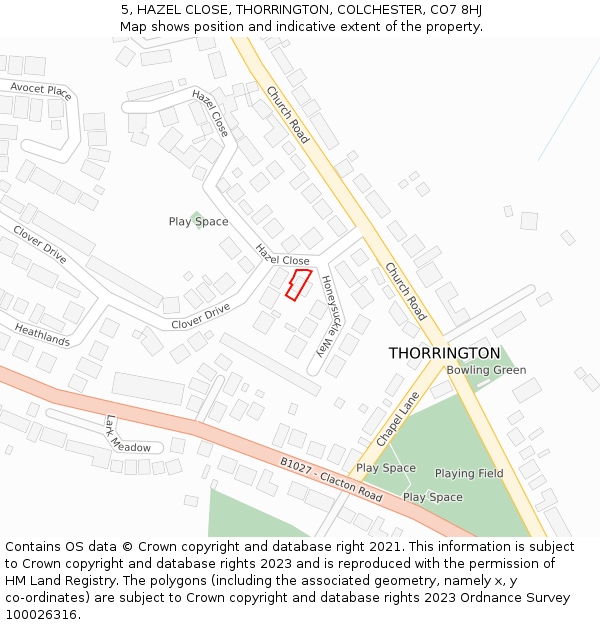 5, HAZEL CLOSE, THORRINGTON, COLCHESTER, CO7 8HJ: Location map and indicative extent of plot