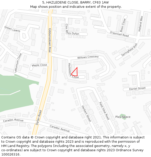 5, HAZLEDENE CLOSE, BARRY, CF63 1AW: Location map and indicative extent of plot