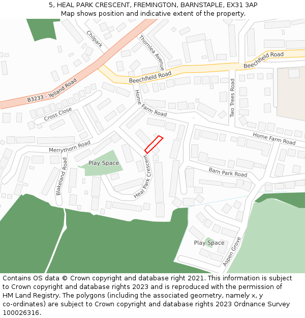 5, HEAL PARK CRESCENT, FREMINGTON, BARNSTAPLE, EX31 3AP: Location map and indicative extent of plot