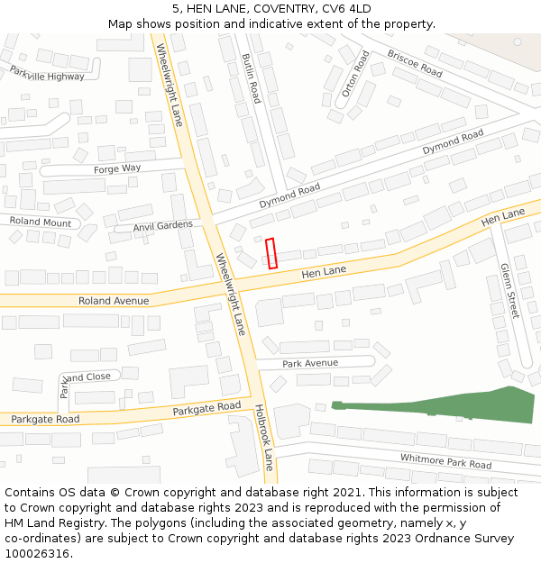 5, HEN LANE, COVENTRY, CV6 4LD: Location map and indicative extent of plot
