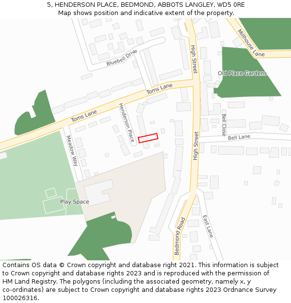 5, HENDERSON PLACE, BEDMOND, ABBOTS LANGLEY, WD5 0RE: Location map and indicative extent of plot