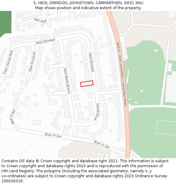 5, HEOL DRINDOD, JOHNSTOWN, CARMARTHEN, SA31 3NU: Location map and indicative extent of plot