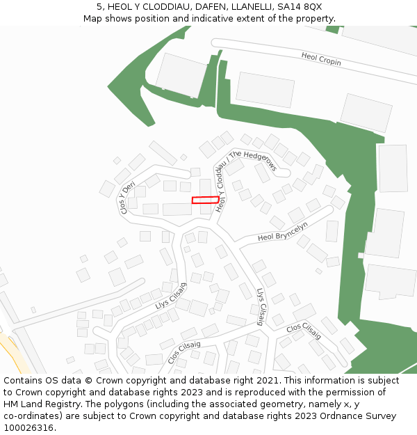 5, HEOL Y CLODDIAU, DAFEN, LLANELLI, SA14 8QX: Location map and indicative extent of plot