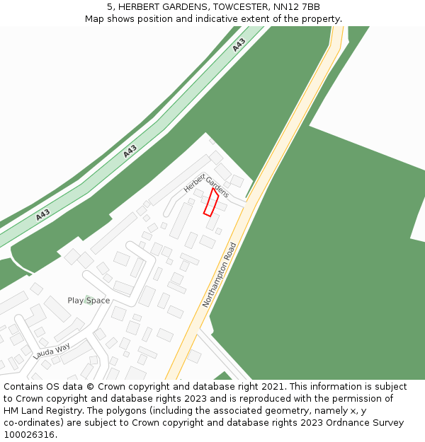 5, HERBERT GARDENS, TOWCESTER, NN12 7BB: Location map and indicative extent of plot