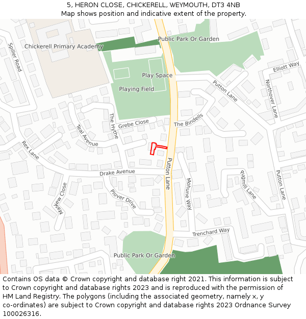 5, HERON CLOSE, CHICKERELL, WEYMOUTH, DT3 4NB: Location map and indicative extent of plot