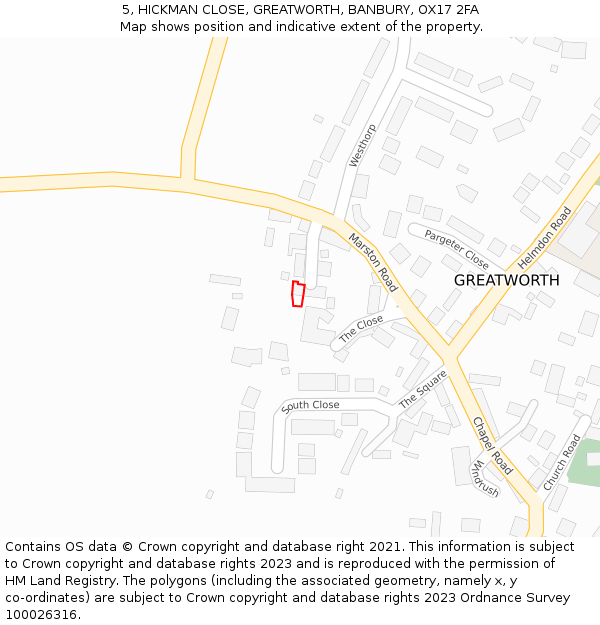 5, HICKMAN CLOSE, GREATWORTH, BANBURY, OX17 2FA: Location map and indicative extent of plot