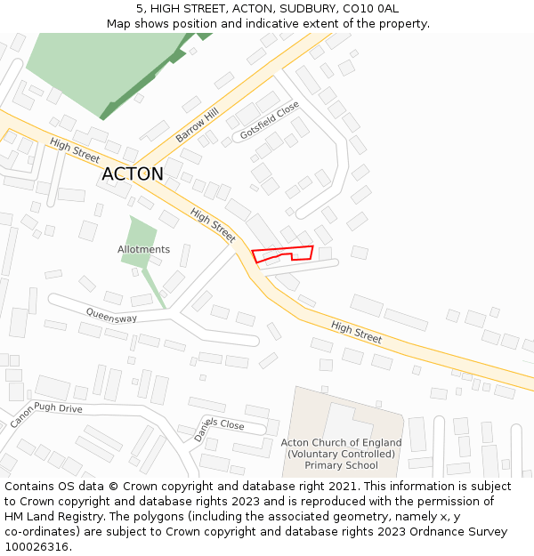 5, HIGH STREET, ACTON, SUDBURY, CO10 0AL: Location map and indicative extent of plot