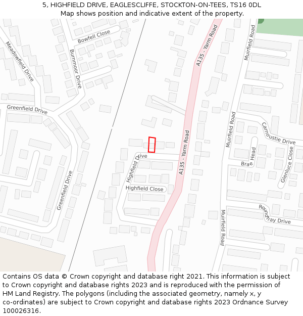 5, HIGHFIELD DRIVE, EAGLESCLIFFE, STOCKTON-ON-TEES, TS16 0DL: Location map and indicative extent of plot