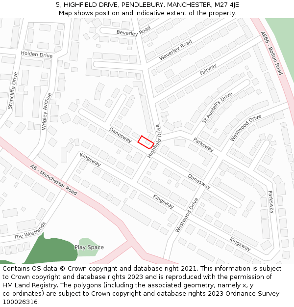 5, HIGHFIELD DRIVE, PENDLEBURY, MANCHESTER, M27 4JE: Location map and indicative extent of plot