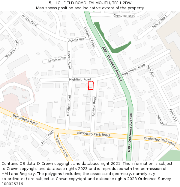 5, HIGHFIELD ROAD, FALMOUTH, TR11 2DW: Location map and indicative extent of plot