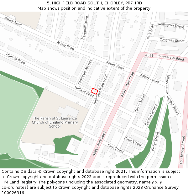 5, HIGHFIELD ROAD SOUTH, CHORLEY, PR7 1RB: Location map and indicative extent of plot