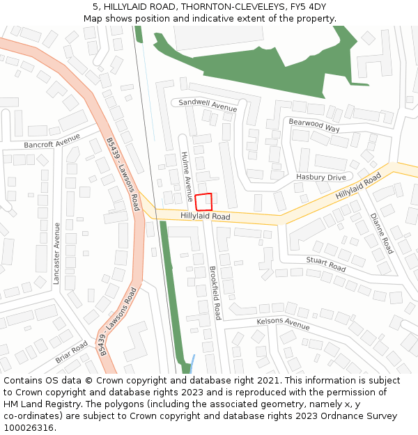 5, HILLYLAID ROAD, THORNTON-CLEVELEYS, FY5 4DY: Location map and indicative extent of plot