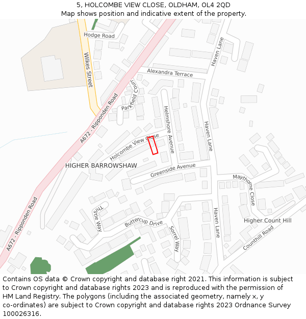 5, HOLCOMBE VIEW CLOSE, OLDHAM, OL4 2QD: Location map and indicative extent of plot