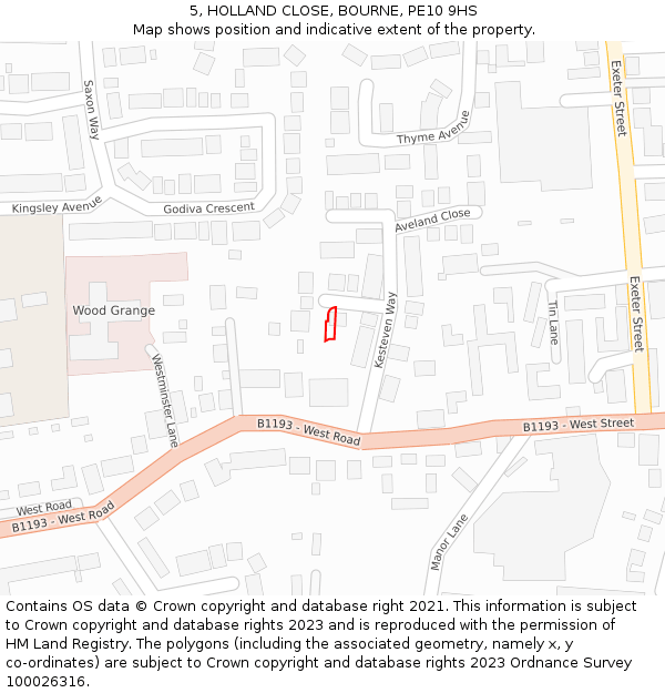 5, HOLLAND CLOSE, BOURNE, PE10 9HS: Location map and indicative extent of plot