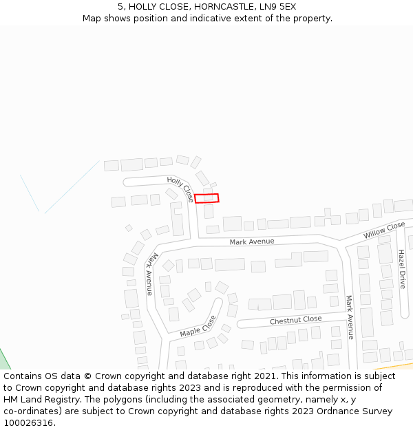 5, HOLLY CLOSE, HORNCASTLE, LN9 5EX: Location map and indicative extent of plot