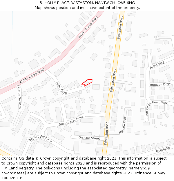 5, HOLLY PLACE, WISTASTON, NANTWICH, CW5 6NG: Location map and indicative extent of plot