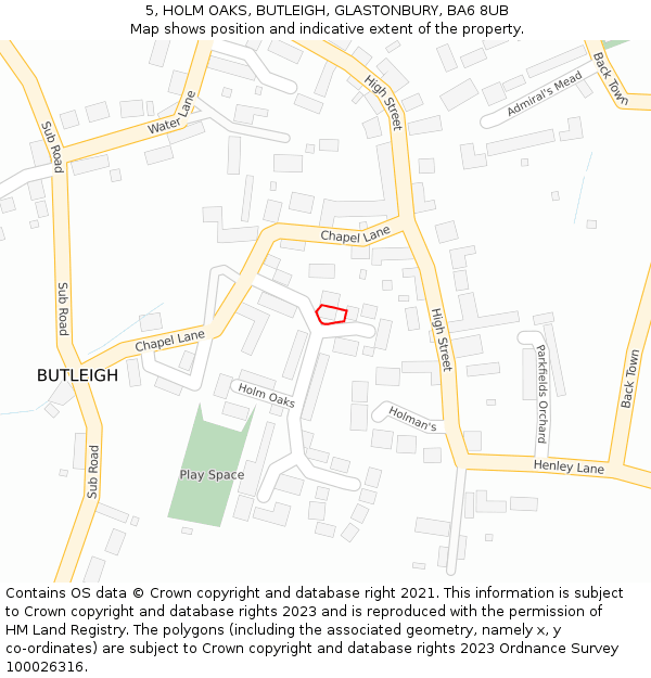 5, HOLM OAKS, BUTLEIGH, GLASTONBURY, BA6 8UB: Location map and indicative extent of plot