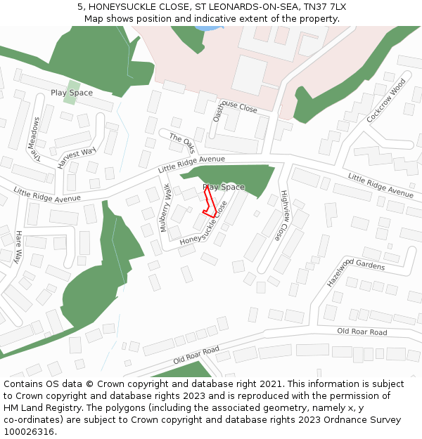 5, HONEYSUCKLE CLOSE, ST LEONARDS-ON-SEA, TN37 7LX: Location map and indicative extent of plot