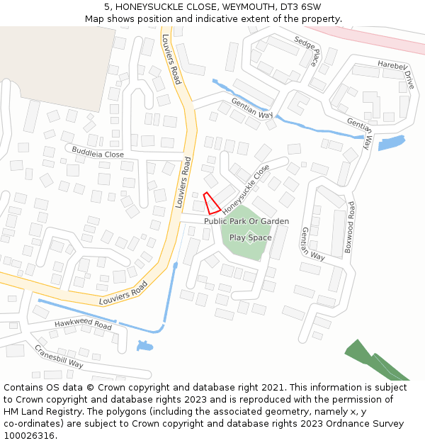 5, HONEYSUCKLE CLOSE, WEYMOUTH, DT3 6SW: Location map and indicative extent of plot