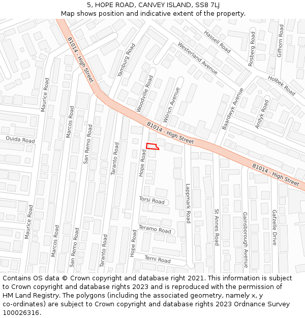 5, HOPE ROAD, CANVEY ISLAND, SS8 7LJ: Location map and indicative extent of plot