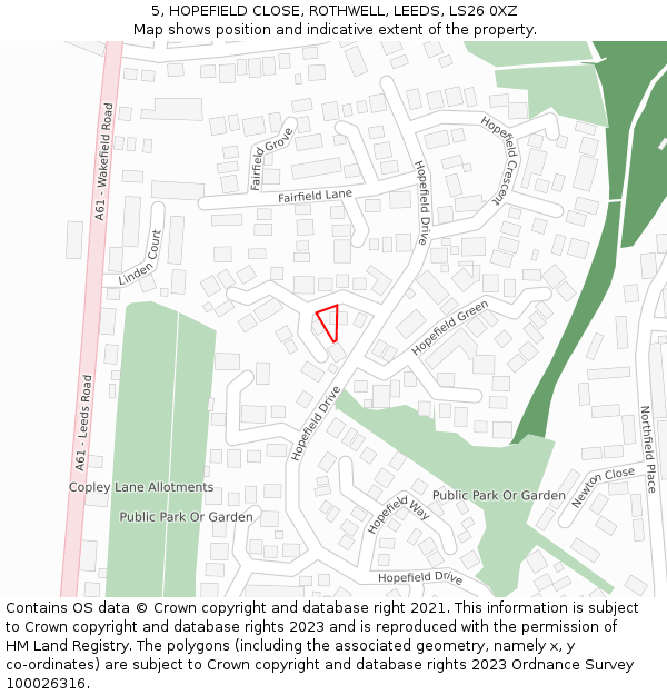 5, HOPEFIELD CLOSE, ROTHWELL, LEEDS, LS26 0XZ: Location map and indicative extent of plot
