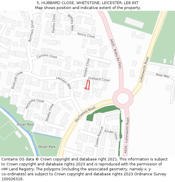5, HUBBARD CLOSE, WHETSTONE, LEICESTER, LE8 6XT: Location map and indicative extent of plot