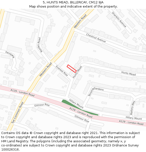 5, HUNTS MEAD, BILLERICAY, CM12 9JA: Location map and indicative extent of plot